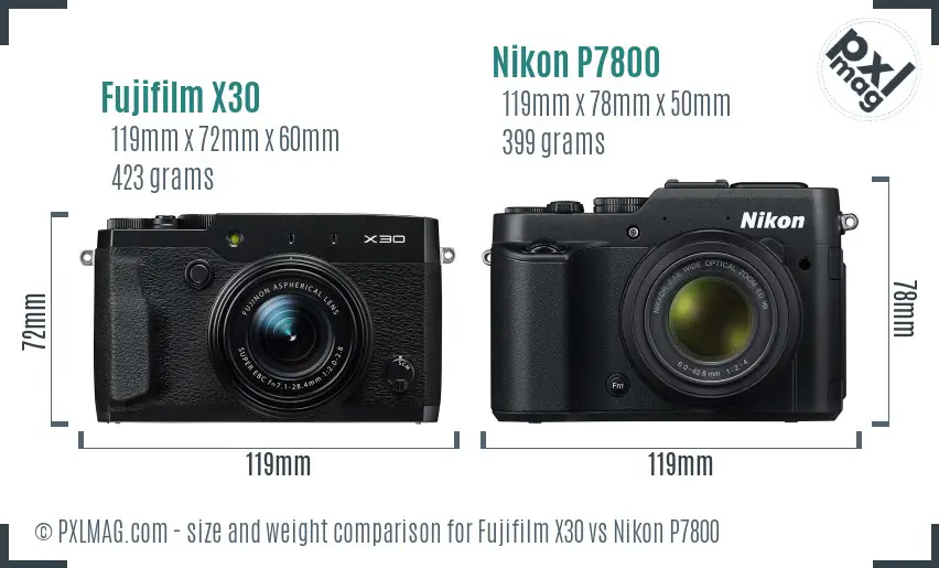 Fujifilm X30 vs Nikon P7800 size comparison