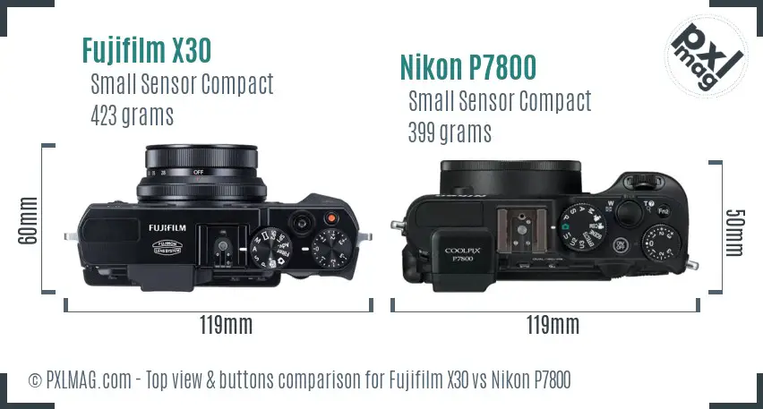 Fujifilm X30 vs Nikon P7800 top view buttons comparison