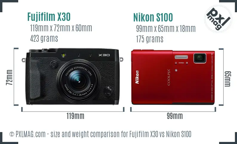 Fujifilm X30 vs Nikon S100 size comparison