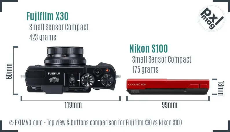 Fujifilm X30 vs Nikon S100 top view buttons comparison