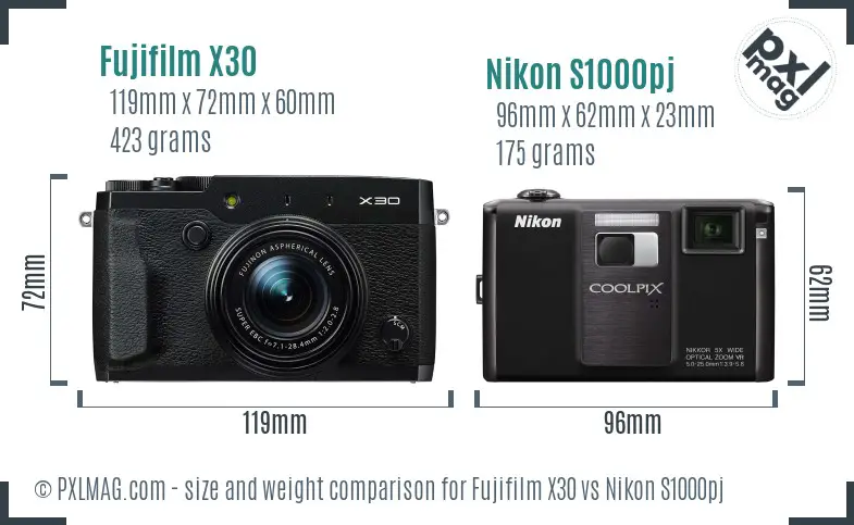 Fujifilm X30 vs Nikon S1000pj size comparison