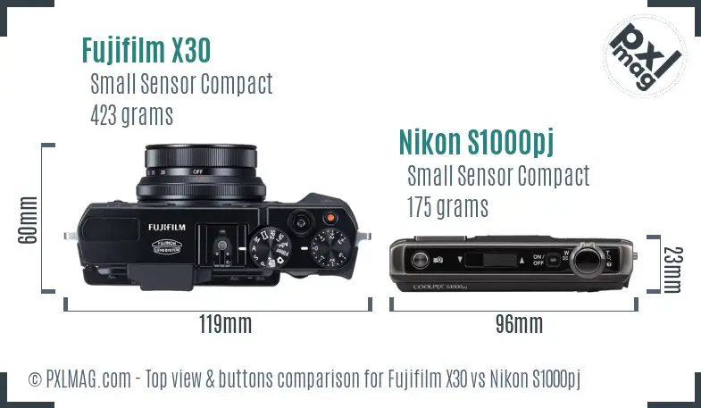 Fujifilm X30 vs Nikon S1000pj top view buttons comparison