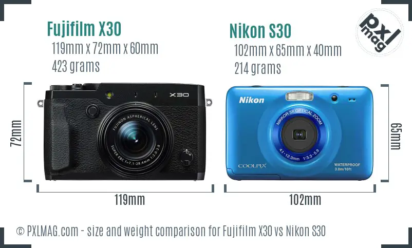 Fujifilm X30 vs Nikon S30 size comparison