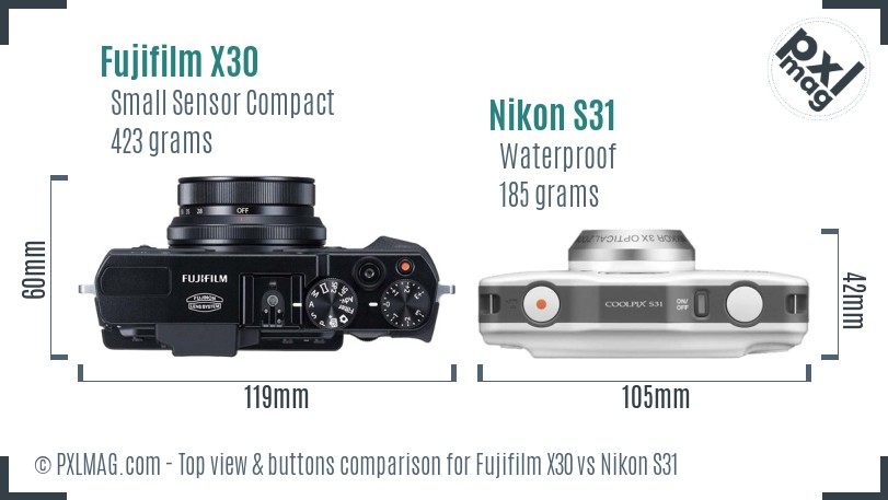 Fujifilm X30 vs Nikon S31 top view buttons comparison