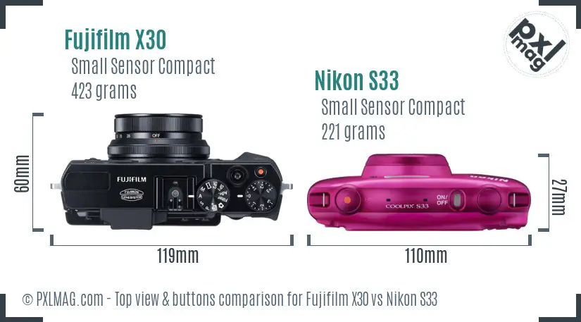 Fujifilm X30 vs Nikon S33 top view buttons comparison