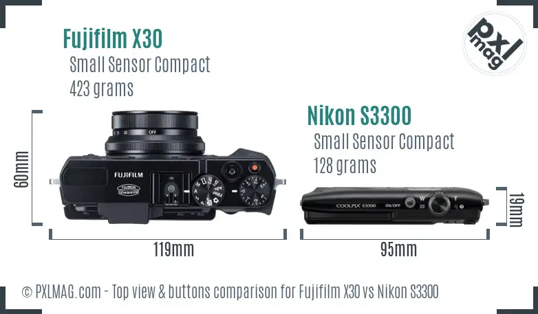 Fujifilm X30 vs Nikon S3300 top view buttons comparison