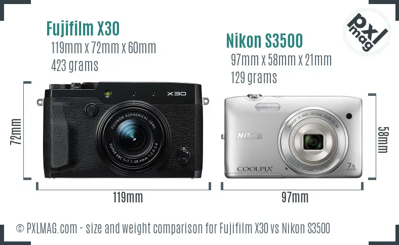 Fujifilm X30 vs Nikon S3500 size comparison