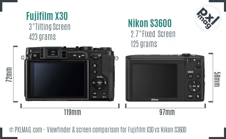 Fujifilm X30 vs Nikon S3600 Screen and Viewfinder comparison