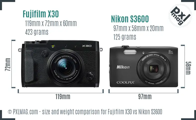 Fujifilm X30 vs Nikon S3600 size comparison