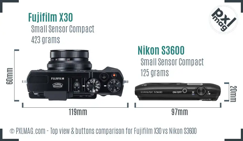 Fujifilm X30 vs Nikon S3600 top view buttons comparison