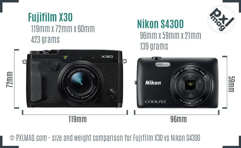 Fujifilm X30 vs Nikon S4300 size comparison
