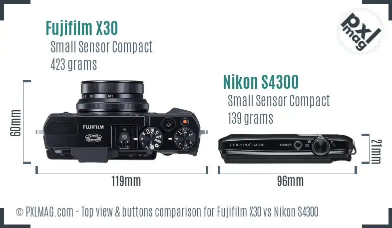 Fujifilm X30 vs Nikon S4300 top view buttons comparison