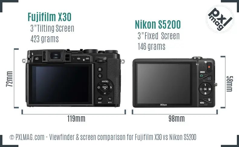 Fujifilm X30 vs Nikon S5200 Screen and Viewfinder comparison