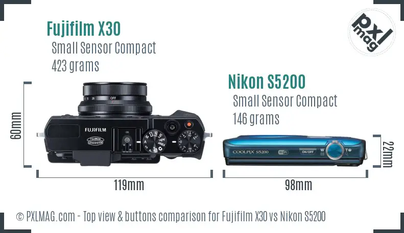 Fujifilm X30 vs Nikon S5200 top view buttons comparison