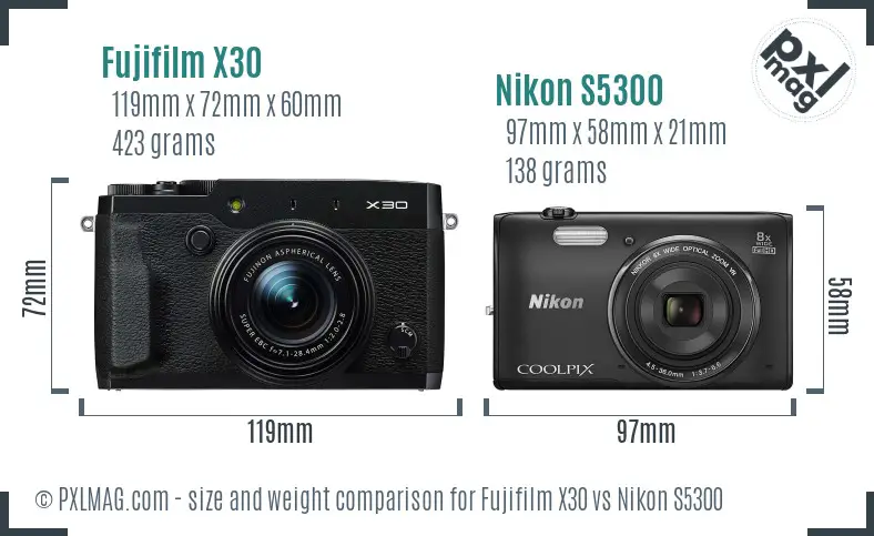 Fujifilm X30 vs Nikon S5300 size comparison