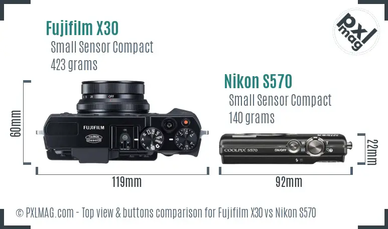 Fujifilm X30 vs Nikon S570 top view buttons comparison