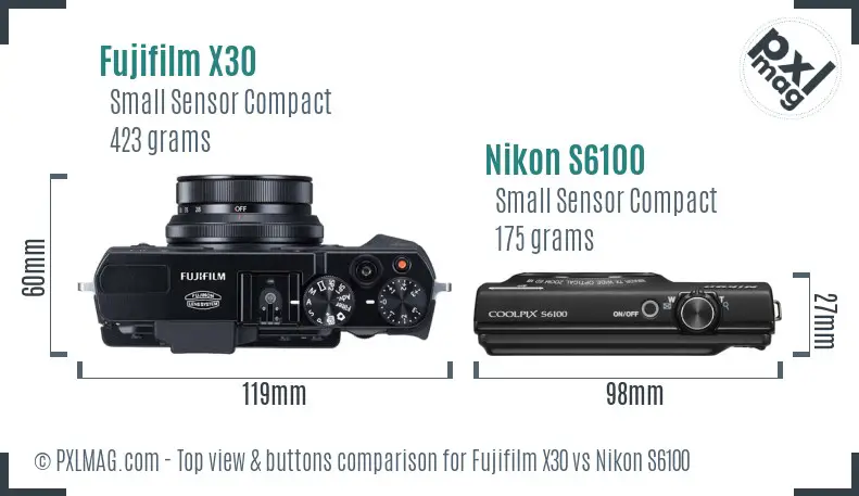 Fujifilm X30 vs Nikon S6100 top view buttons comparison