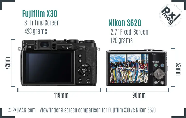 Fujifilm X30 vs Nikon S620 Screen and Viewfinder comparison