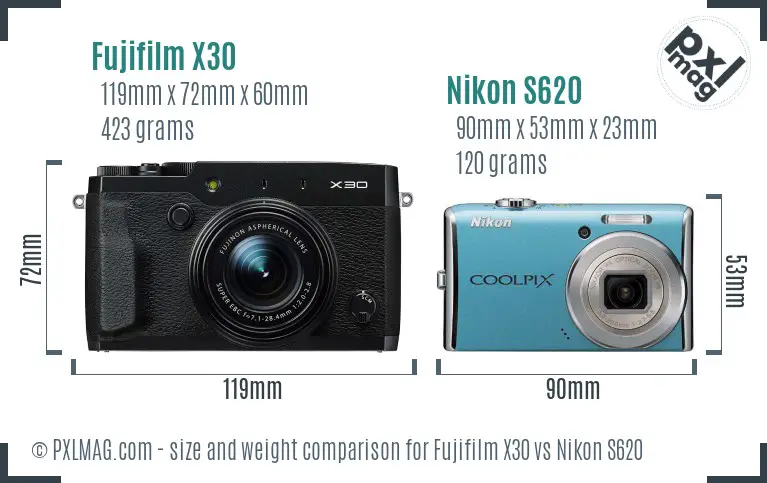 Fujifilm X30 vs Nikon S620 size comparison