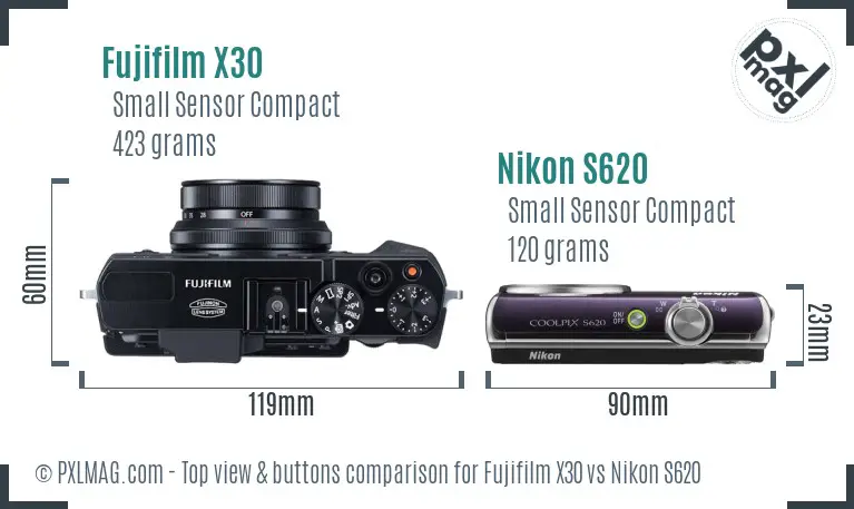 Fujifilm X30 vs Nikon S620 top view buttons comparison