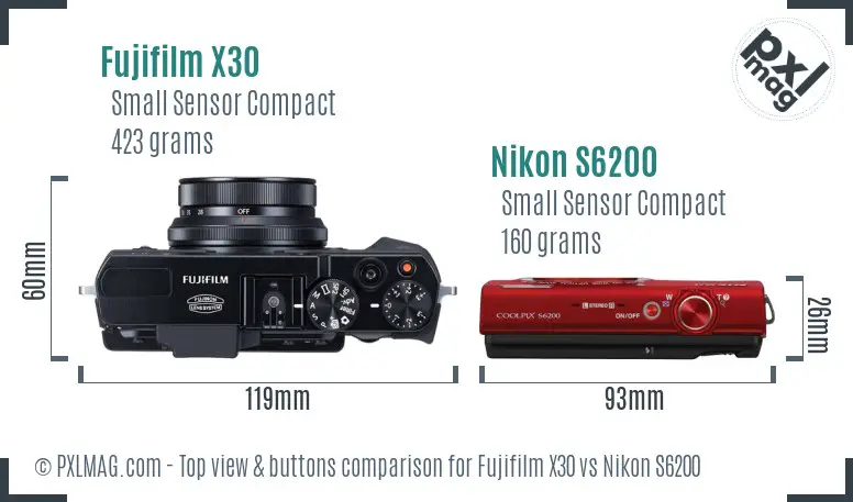 Fujifilm X30 vs Nikon S6200 top view buttons comparison