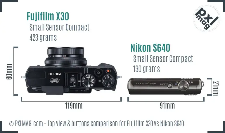 Fujifilm X30 vs Nikon S640 top view buttons comparison