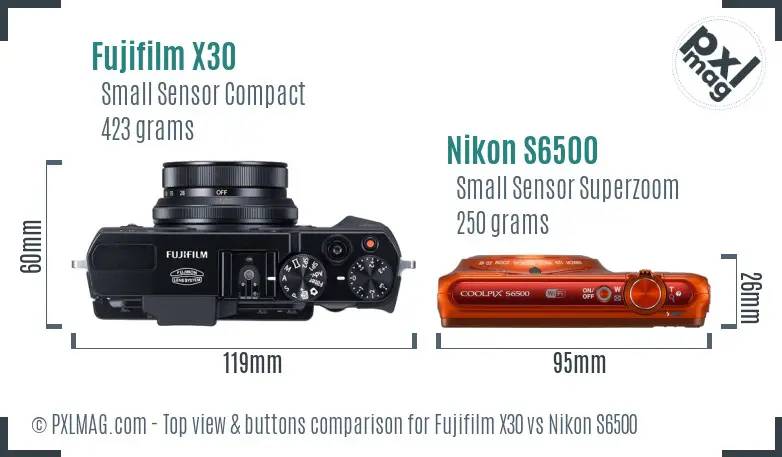 Fujifilm X30 vs Nikon S6500 top view buttons comparison