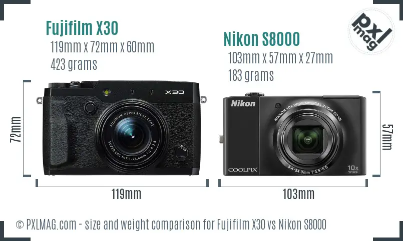 Fujifilm X30 vs Nikon S8000 size comparison
