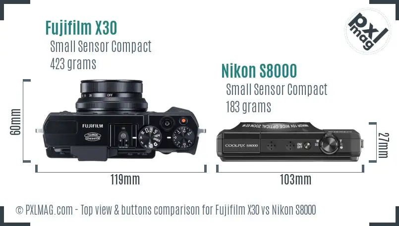 Fujifilm X30 vs Nikon S8000 top view buttons comparison