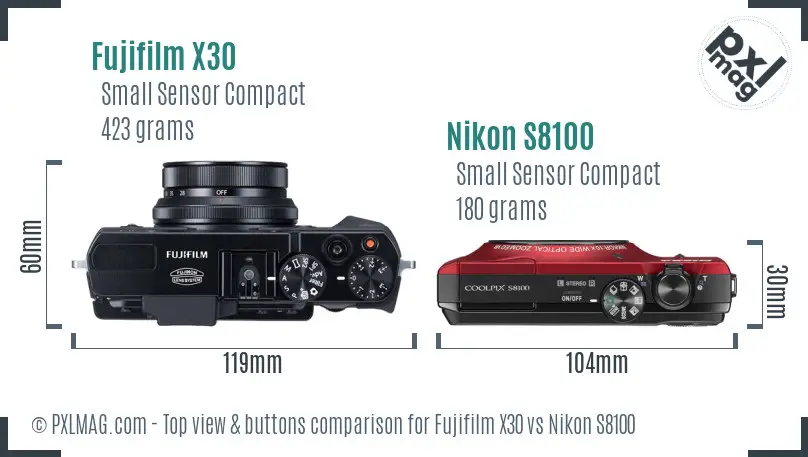 Fujifilm X30 vs Nikon S8100 top view buttons comparison