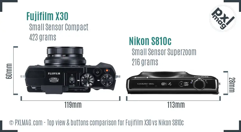 Fujifilm X30 vs Nikon S810c top view buttons comparison Fujifilm X30 vs Nikon S810c top view buttons comparison