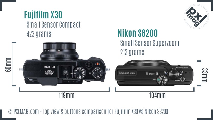 Fujifilm X30 vs Nikon S8200 top view buttons comparison
