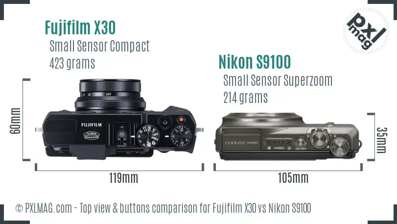 Fujifilm X30 vs Nikon S9100 top view buttons comparison