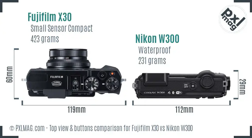 Fujifilm X30 vs Nikon W300 top view buttons comparison