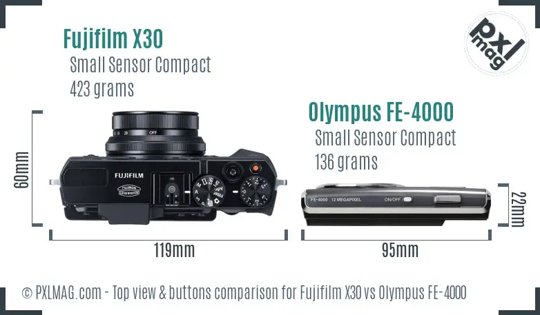 Fujifilm X30 vs Olympus FE-4000 top view buttons comparison