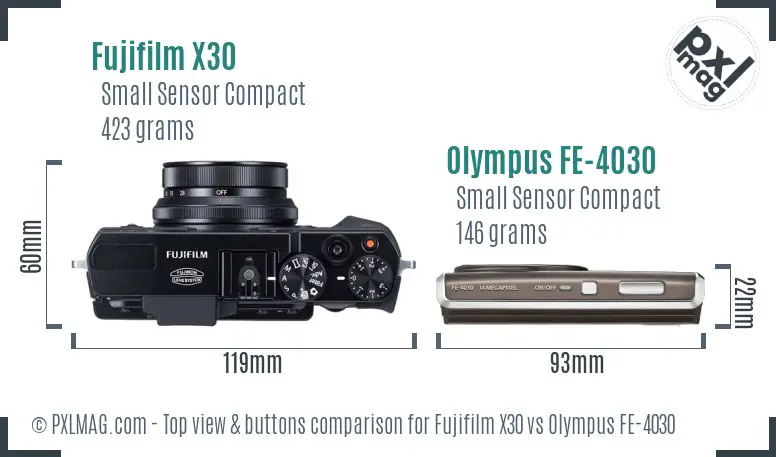Fujifilm X30 vs Olympus FE-4030 top view buttons comparison
