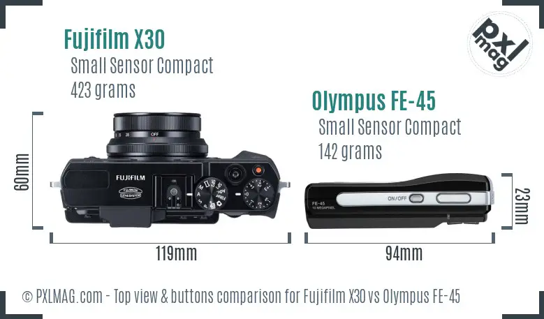 Fujifilm X30 vs Olympus FE-45 top view buttons comparison