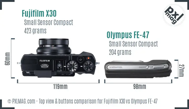 Fujifilm X30 vs Olympus FE-47 top view buttons comparison