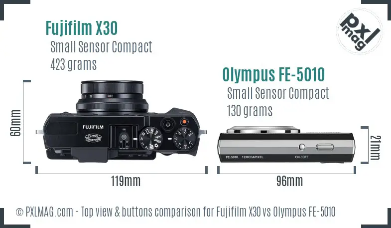 Fujifilm X30 vs Olympus FE-5010 top view buttons comparison