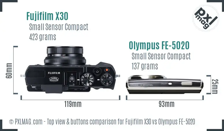 Fujifilm X30 vs Olympus FE-5020 top view buttons comparison
