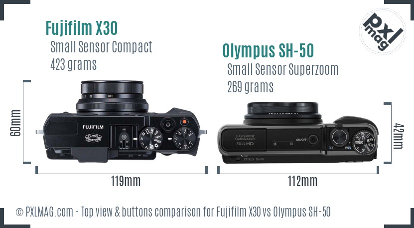 Fujifilm X30 vs Olympus SH-50 top view buttons comparison