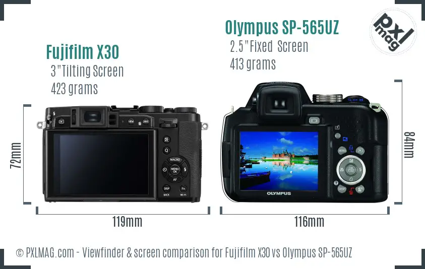 Fujifilm X30 vs Olympus SP-565UZ Screen and Viewfinder comparison