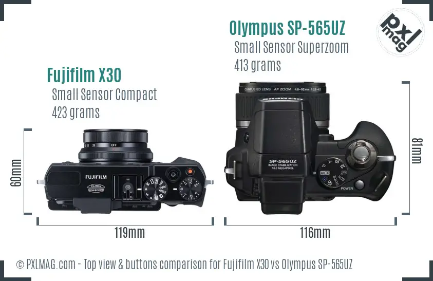 Fujifilm X30 vs Olympus SP-565UZ top view buttons comparison