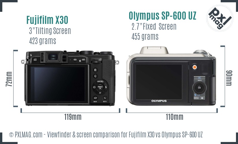 Fujifilm X30 vs Olympus SP-600 UZ Screen and Viewfinder comparison