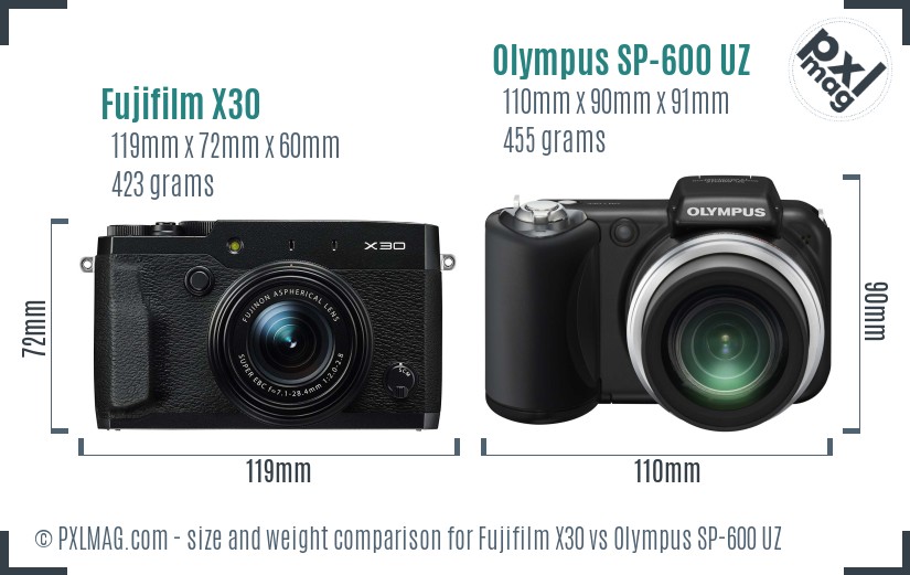 Fujifilm X30 vs Olympus SP-600 UZ size comparison Fujifilm X30 vs Olympus SP-600 UZ size comparison