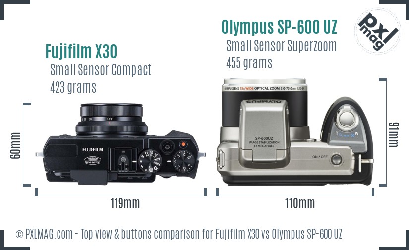 Fujifilm X30 vs Olympus SP-600 UZ top view buttons comparison