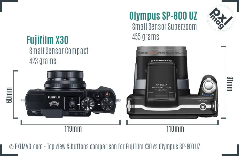 Fujifilm X30 vs Olympus SP-800 UZ top view buttons comparison Fujifilm X30 vs Olympus SP-800 UZ top view buttons comparison