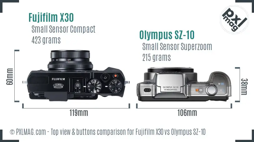 Fujifilm X30 vs Olympus SZ-10 top view buttons comparison Fujifilm X30 vs Olympus SZ-10 top view buttons comparison