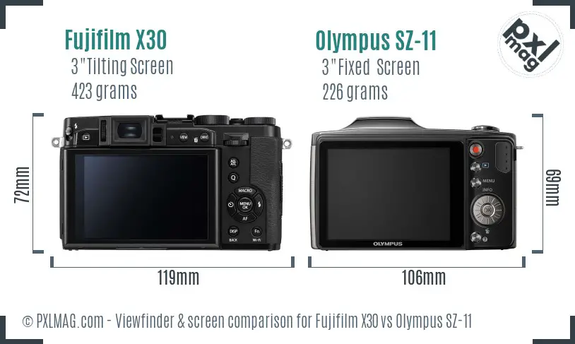 Fujifilm X30 vs Olympus SZ-11 Screen and Viewfinder comparison