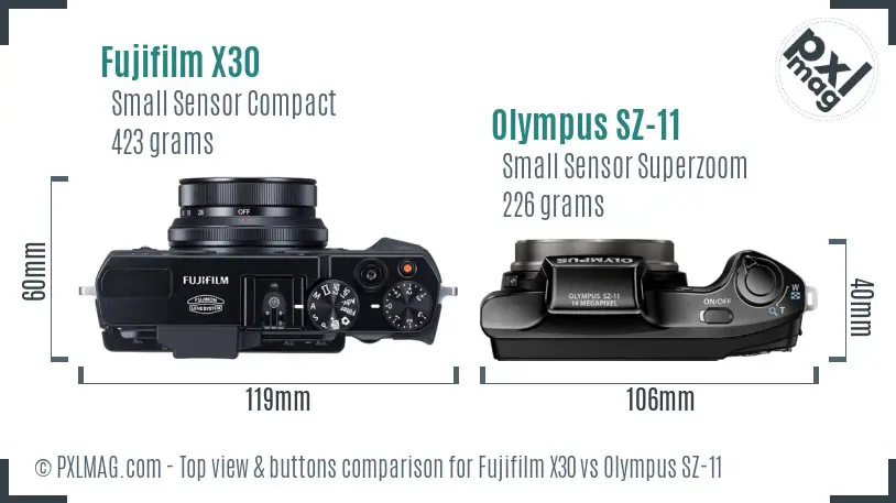 Fujifilm X30 vs Olympus SZ-11 top view buttons comparison